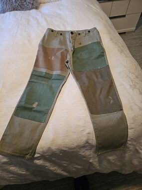 Zara Patchwork Canvas Pants in Olive, Brown & Green
